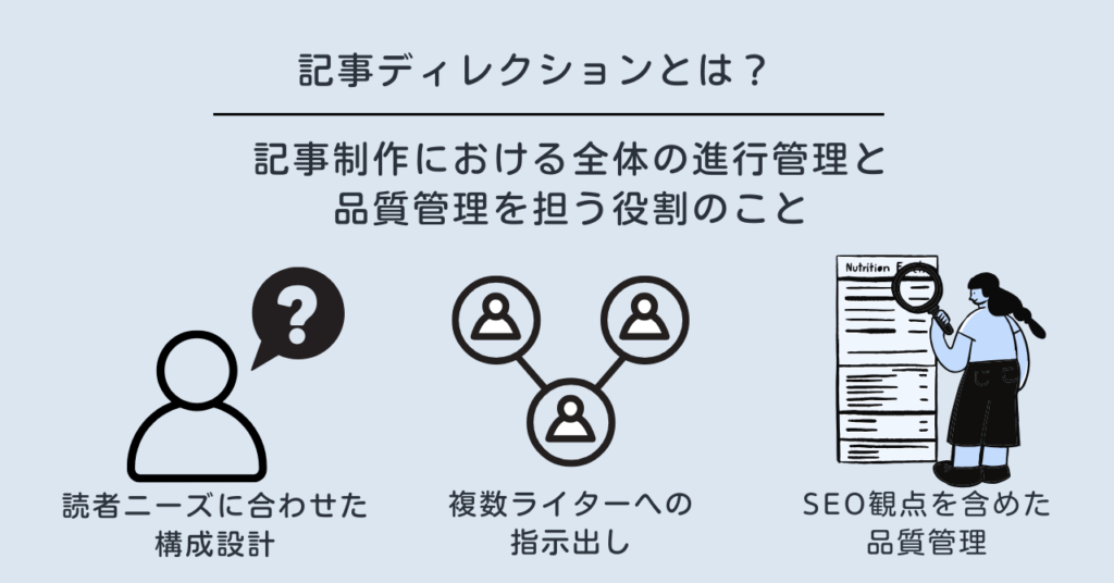 記事ディレクションは記事制作における全体の進行管理と品質管理を担う役割のこと
